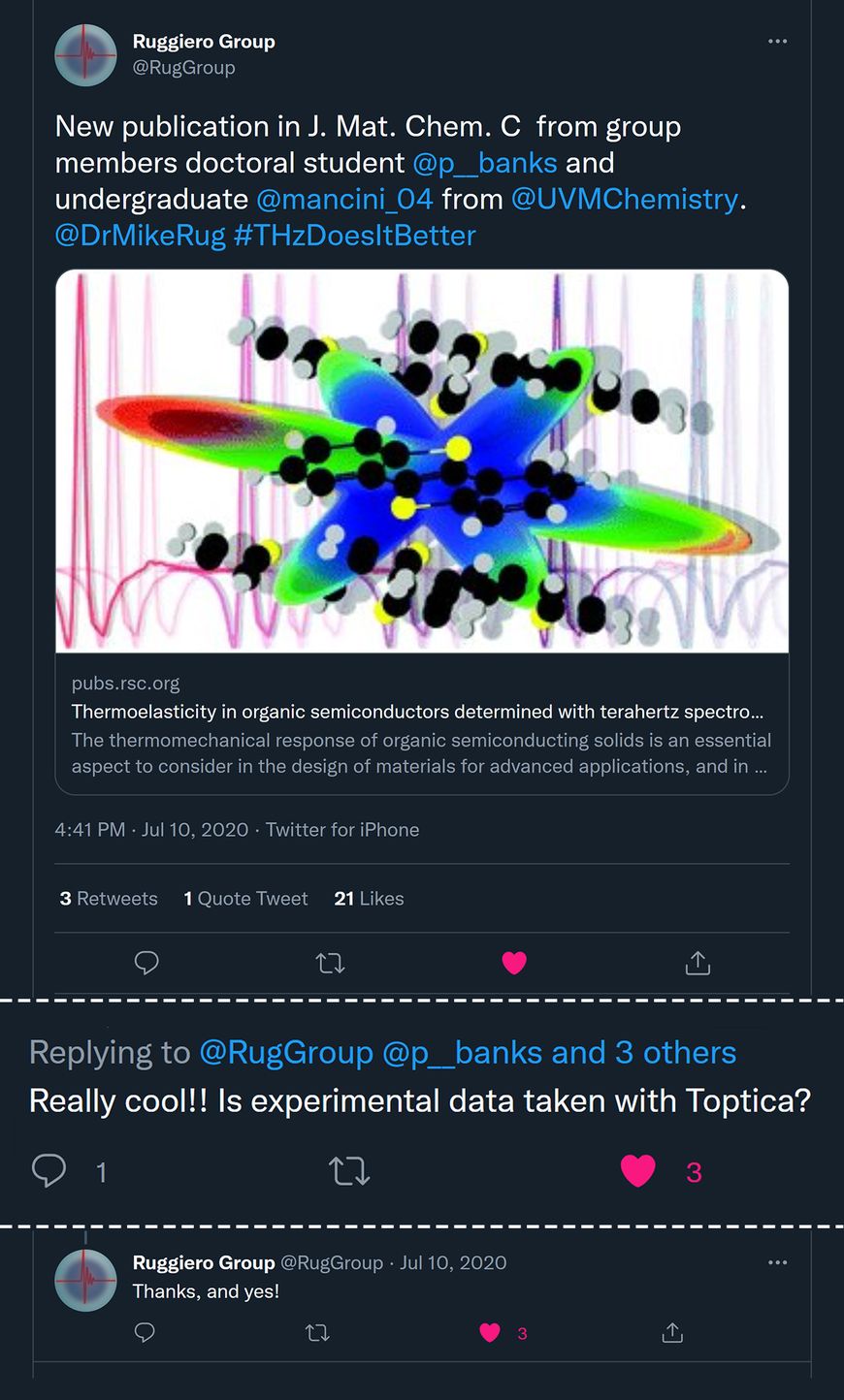 Fig. 4: A tweet announcing the publication on thermoselasticity of organic semiconductors by the Vermont group.