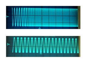 TOPTICA AG - Oscilloscope traces of the beat signal of two DL DFB lasers. Upper trace: free running lasers, lower trace: Phase lock with mFALC.