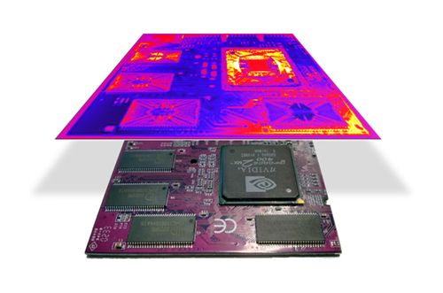 Fig. 5: Terahertz near-field reflection image of a graphic card, revealing bond wires, contact pads and other interfaces. © Protemics GmbH.